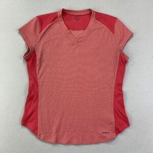 VTG Patagonia Baselayer‎ T-Shirt Womens L Red V-neck Short Sleeve Hiking Trail